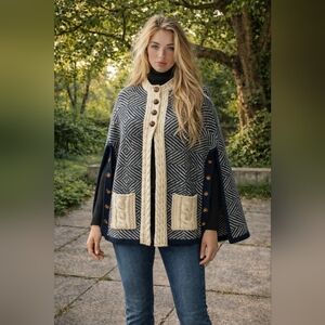 Hem & Thread Wool Blend Cable Knit Poncho Cape w/ Side Buttons – S/M